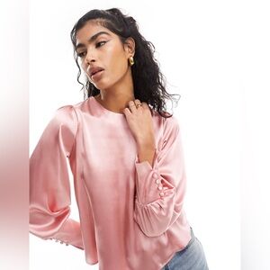 River Island Satin Long Sleeve Blouse in Pink Button Wrist Sz 10 Classic Office